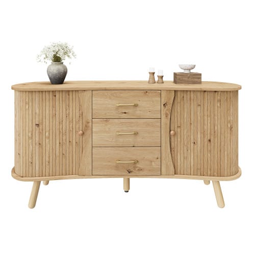 Pea-Shaped Sideboard With Fluted Design, Two Sliding Doors + Three Drawers, Height-Adjustable Compartments, Solid Wood Legs, Wood Look, MDF Material, Modern Scandinavian Style. - Camel - View 1