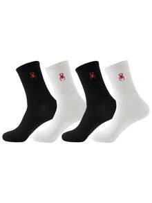 4 Pairs Men's Embroidered Dinosaur Pattern Socks, Suitable For All Seasons, European And American Sizes, Ample Sizes, Comfortable And Breathable, Wear-Resistant And Non-Stuffy, Suitable For Daily Wear, Unisex, Made Of High-Quality Fabrics, Essential For Autumn - Black and White - View 6