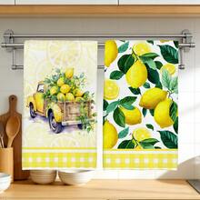 2pcs Lemon Truck Illustration Kitchen Towels, Soft Polyester Material Dish Cloths, Suitable For Kitchen Decor, Cleaning, Holiday Party Decoration, Kitchen & Bathroom Essentials, Home Decor, Housewarming Gift - Multicolor - View 10