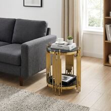 Modern Round Glass Side Table For Living Room, Black And Gold Bedside Table With Glass Top, Luxury Round Coffee Table With Stainless Steel Legs, Small Desk Table, Sturdy Nightstand With Glass Top, Coffee Table. - Black - View 11