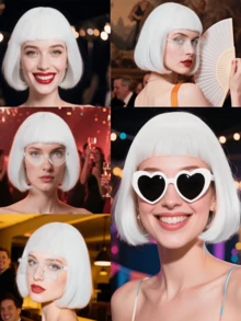 White Bobbed Wig With Bangs, White Party Wig With Fashionable Glasses (Star, Cat Eye, Heart-Shaped), Women's Short Neon Costume, Halloween Costume, Nightclub Wig - White - View 2