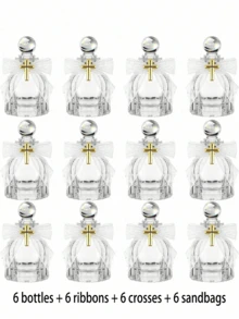 50ml Transparent Glass Holy Water Bottle With Cross Emblem, Lace Bow, Organza Bag, Suitable For Communion, Baptism, Wedding Occasions (Blue) - Multicolor - View 11