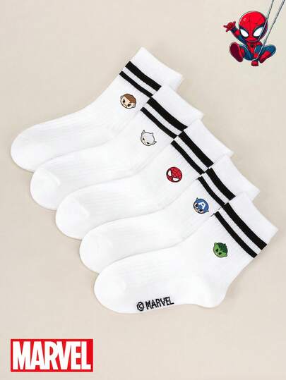  1/5 Pairs Marvel Superhero Socks Set, Including Spider-Man, And Thor Designs, Ruffle Socks, Black Striped Crew Socks, Girls & Boys Short Socks, Soft Breathable Low-Cut Ankle Socks, Non-Slip Casual Cartoon Pattern Socks