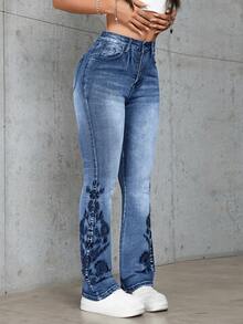 Fashion Floral Embroidered Jeans For Women, Summer Vintage High-Waisted Washed Denim, Slim Fit Casual Stretch Pants For All-Season Versatile Style - 中藍色 - 查看 5