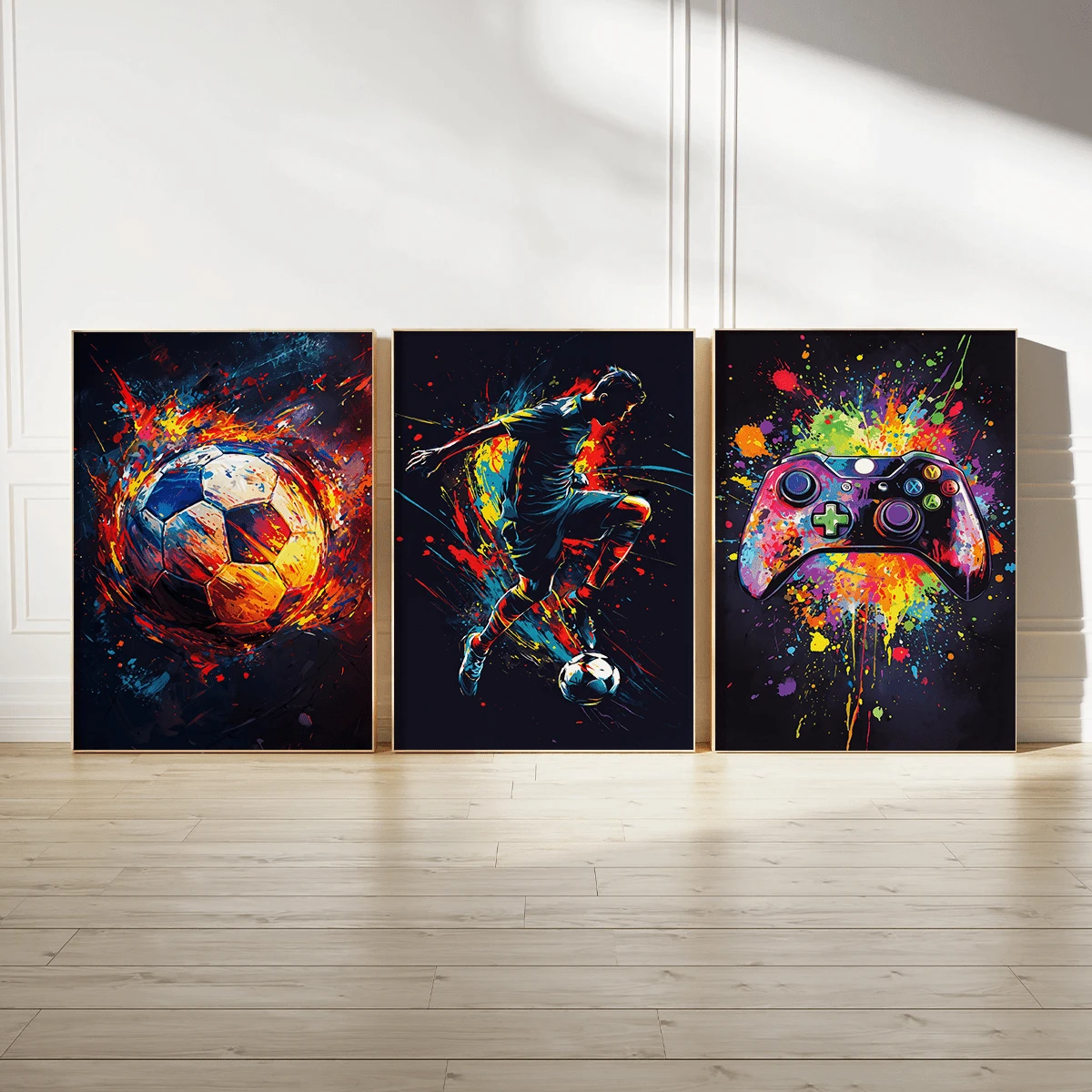 3 Stücke Fußball und Spielcontroller Leinwand Wandkunst Set, Graffiti Stil Sportdruck, Hochformat, wasserfestes Leinwandmaterial, fertig zum Aufhängen, geeignet für Teenager und Gamer Zimmer Dekoration, optional gerahmte Wandkunst - A - Übersicht 1