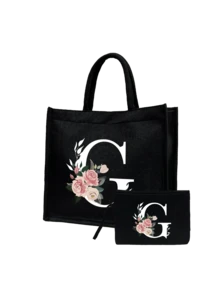 Women's Printed White Letter A-Z Tote Bag, Large Capacity Shoulder Bag, Foldable Durable Shopping Bag, Portable Handbag, Travel Cosmetic Bag, Coin Purse, Suitable For Vacation, Party, Shopping, Work Commute, Birthday, Mother's Day, Wedding, Spring/Summer - Multicolor - View 39