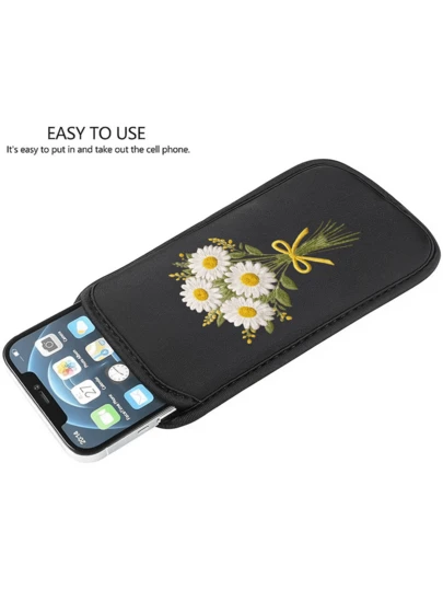 Daisy Pattern Vertical Insertion Phone Protective Sleeve, Black Outdoor Phone Storage Bag, Vertical Insertion Phone Pouch, Made Of Shock-Absorbing And Dust-Proof Neoprene Rubber Material, Soft And Elastic Lining, Portable Unisex