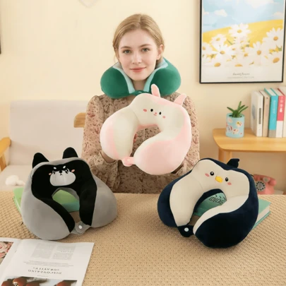 Cartoon Adult Office Cute U-Shaped Neck Pillow, Neck Support Travel Pillow, Removable & Breathable Neck Corrector
