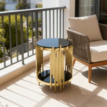 Modern Round Glass Side Table For Living Room, Black And Gold Bedside Table With Glass Top, Luxury Round Coffee Table With Stainless Steel Legs, Small Desk Table, Sturdy Nightstand With Glass Top, Coffee Table. - Black - View 8