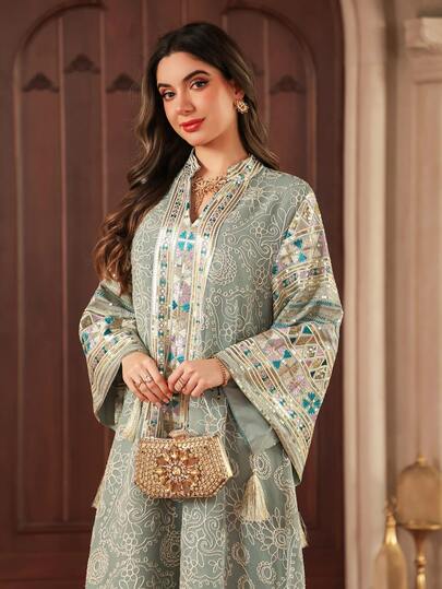 Đầm nữ cổ chữ V thêu sequin phối màu tương phản, tay dài dáng chữ A thanh lịch, phù hợp cho tiệc tùng, đám cưới, phụ nữ Hồi giáo mặc được quanh năm, mùa xuân.