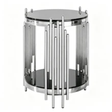 Modern Round Glass Side Table For Living Room, Black And Gold Bedside Table With Glass Top, Luxury Round Coffee Table With Stainless Steel Legs, Small Desk Table, Sturdy Nightstand With Glass Top, Coffee Table. - Silver - View 1