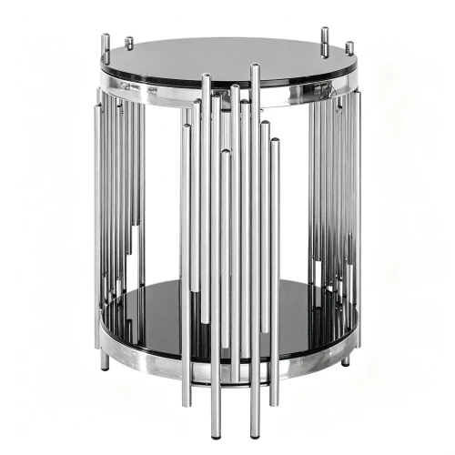 Modern Round Glass Side Table For Living Room, Black And Gold Bedside Table With Glass Top, Luxury Round Coffee Table With Stainless Steel Legs, Small Desk Table, Sturdy Nightstand With Glass Top, Coffee Table. - Silver - View 1