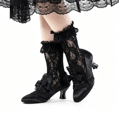 Pink Lolita High Heels For Women Vintage Victorian Bow Lace Pumps Sweet Satin Round Toe Heels For Cosplay Tea Party Shoes