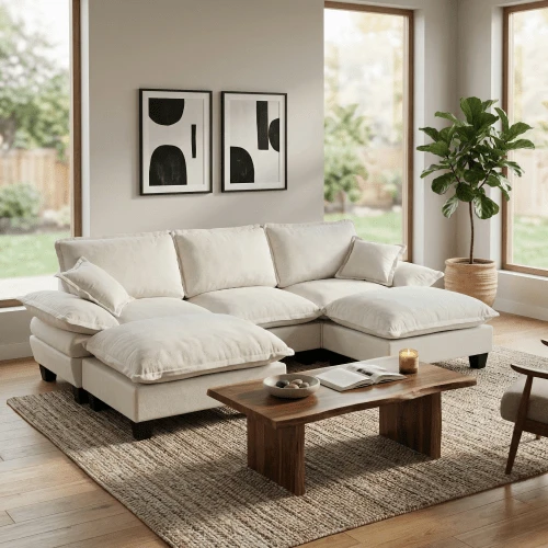 Modular Ecksofa, U-Shaped Cloud-Couch With Segelboot-Design, Including 2 Small Ottomans & 2 White Kissen, Comfortable Chenille-Bezug For Wohnzimmer & Apartments, Beige