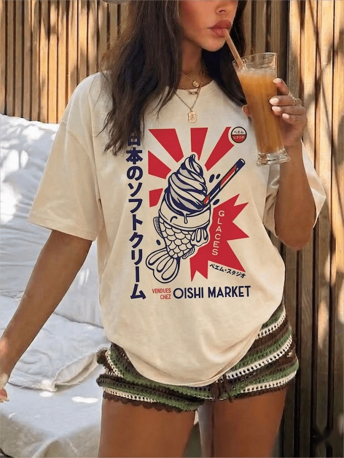 2026夏季女款黑色圆领短袖T恤，日式食物印花，休闲宽松上衣 - 杏色 - 查看 1