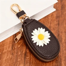 High-Quality Leather Creative Chrysanthemum Pattern Universal Car Key Holder Bag, Unisex, Portable Large Capacity Multi-Function Car Key Storage Pouch, Minimalist Compact Suitable For Home Use, Car Accessories - Multiple Styles - View 3