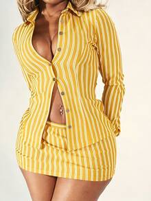 Elegant Women's Striped Collar 2 Pieces Set: Long Sleeve Button-Up Shirt And Fitted Mini Skirt, Suitable For Parties, Color: Yellow - Yellow - View 17