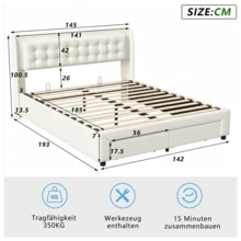 Superaly Letto imbottito 140 * 190 cm con contenitore, struttura letto idraulica con contenitore, letto matrimoniale con 2 cassetti, rete a doghe e testiera, letto per ragazzi, letto funzionale per adulti e adolescenti, velluto, beige - Beige - Visualizzare 12