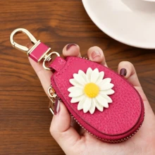 High-Quality Leather Creative Chrysanthemum Pattern Universal Car Key Holder Bag, Unisex, Portable Large Capacity Multi-Function Car Key Storage Pouch, Minimalist Compact Suitable For Home Use, Car Accessories - Multiple Styles - View 5