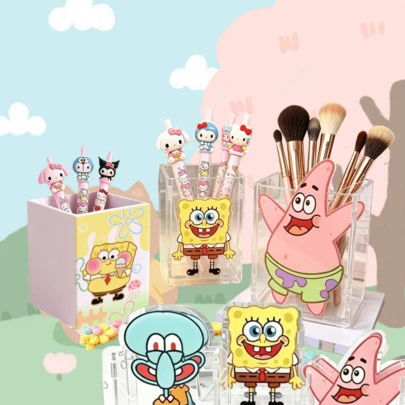 SpongeBob SquarePants Hộp đựng đồ để bàn hình hoạt hình dễ thương, dung tích lớn, đựng bút và cọ trang điểm, giao hàng ngẫu nhiên.