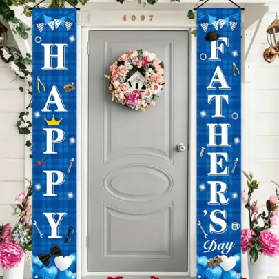 两幅父亲节对联，采用彩色旗帜和蓝色图案设计。适合父亲节装饰和惊喜布置。可悬挂于室内外，如庭院、走廊、阳台、卧室等。