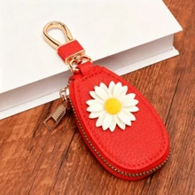 High-Quality Leather Creative Chrysanthemum Pattern Universal Car Key Holder Bag, Unisex, Portable Large Capacity Multi-Function Car Key Storage Pouch, Minimalist Compact Suitable For Home Use, Car Accessories - Multiple Styles - View 7