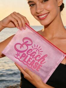 Multi-Color Waterproof Fashion Mesh Fabric Beach Bag, Make Up Bag With Color "Beach"Printing, Beach Theme. Large Capacity Transparent Cosmetic Bag, Toiletry Bag With Nylon Zipper - Lightweight, Storing Sunscreen, Snacks, Bikinis, And Beach Essentials. Spring And Summer Storage, Durable, Very Suitable For Swimming, Beach - Multicolor - View 3