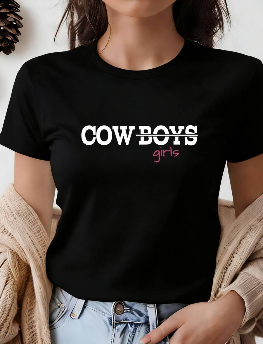 Western Cowboys Girls Text Graphic Crew Neck T-Shirt Sweatshirt Tops Plus Size Clothes Contrast Color Lettering Design Short Sleeve Y2k Casual Garment Style Suitable For All Seasons Machine Washable For Business Casual And Casual Wear - Black - View 1