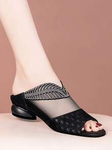 Sandalias de verano para mujer, diapositivas de tacón bajo cómodo con puntera abierta, con decoración de cristal negro para una moda elegante - Negro - Ver 7