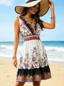 Plus Size Women Floral Print Cinched Waist Ruffle Hem Dress Elegant White - White - View 6