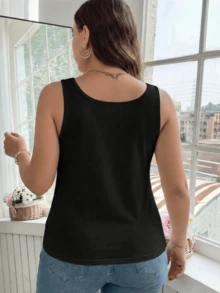 Plus Size Solid Color Casual Sexy Versatile Spaghetti Strap Camisole, Lace Patchwork, Women's Spring/Summer Knit Camisole Vest, Suitable For Creating Fashionable Summer Looks - Black - View 3
