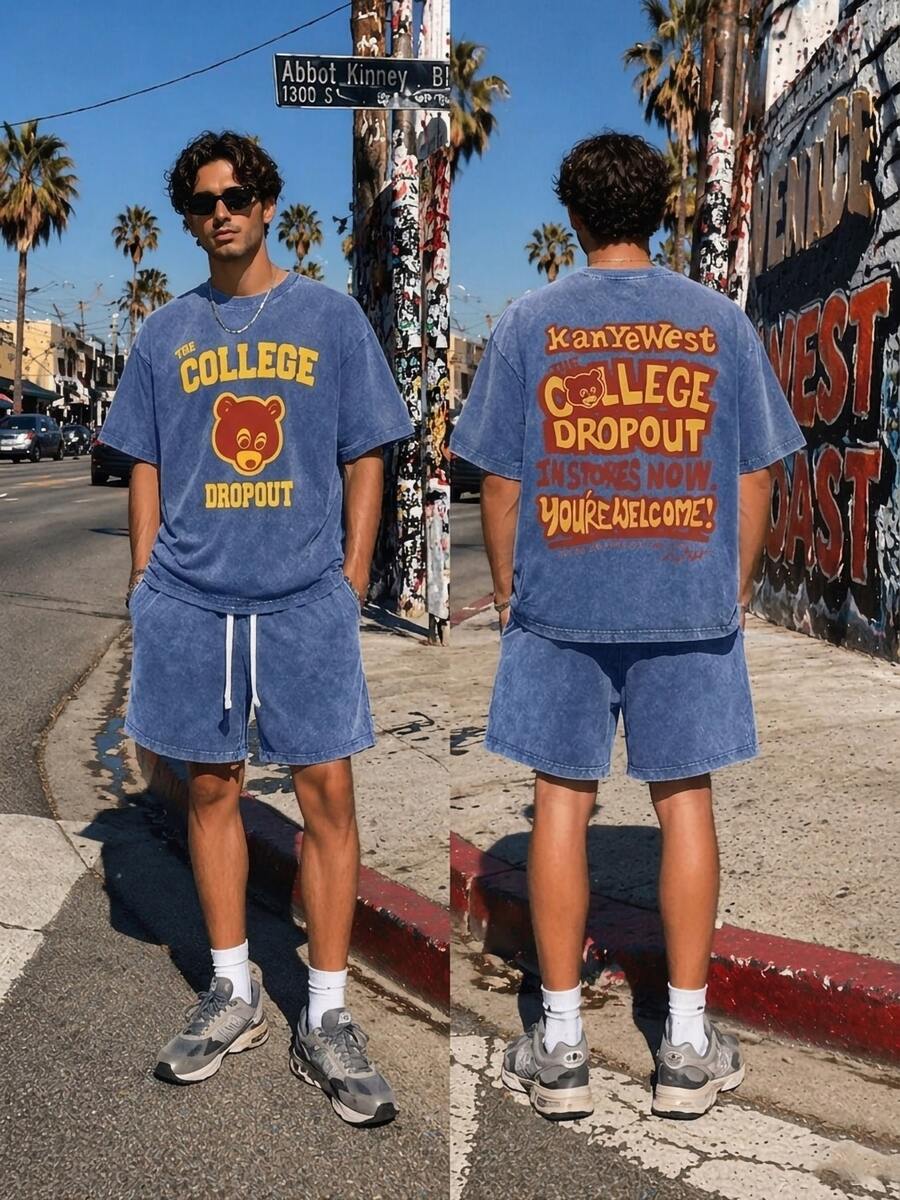 Men T-Shirts The College Dropout Bear & "KanyeWest THE COLLEGE DROPOUT IN STORES NOW" Graphic Printed Men's T-Shirts Washed For Summer High - Quality Design - Royal Blue - View 1