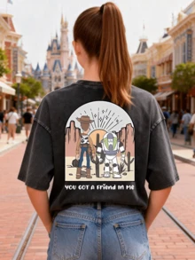 This Disney Women's T-Shirt Features A Creative Toy Story Letter And Cartoon Print On Both Sides. It's A Spring/Summer Style Round Neck Retro Washed Cotton T-Shirt, Made Of Soft And Comfortable Pure Cotton Fabric, Suitable For Everyday Wear, Shopping, Travel, And Casual Occasions. It Also Makes A Wonderful Gift. - Black - View 3