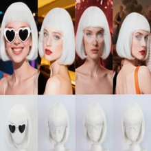 White Bobbed Wig With Bangs, White Party Wig With Fashionable Glasses (Star, Cat Eye, Heart-Shaped), Women's Short Neon Costume, Halloween Costume, Nightclub Wig - White - View 1