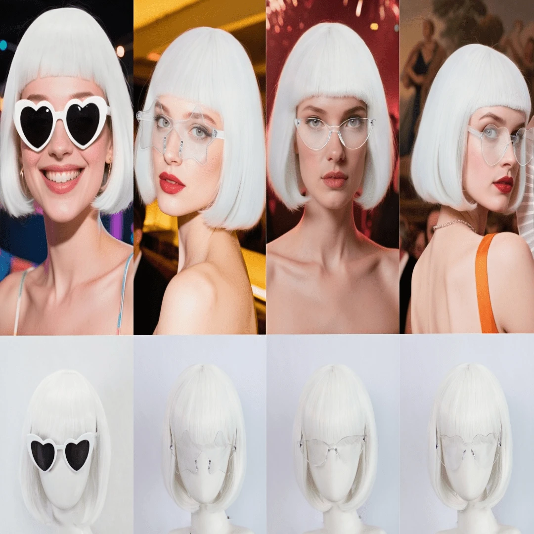 White Bobbed Wig With Bangs, White Party Wig With Fashionable Glasses (Star, Cat Eye, Heart-Shaped), Women's Short Neon Costume, Halloween Costume, Nightclub Wig - White - View 1