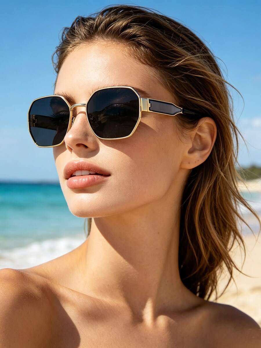 1 par de gafas de moda con marco pequeño y patas anchas de estilo retro y polígono, gafas personalizadas para sesión de fotos, unisex - Dorado - Ver 1