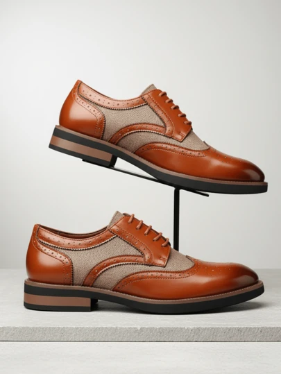 QRLQRL 1 Pair Men's Hollow Detail Low-Top Round Toe PU Leather Upper Rubber Sole Lightweight Casual Oxford Shoes, Suitable For Business Occasions