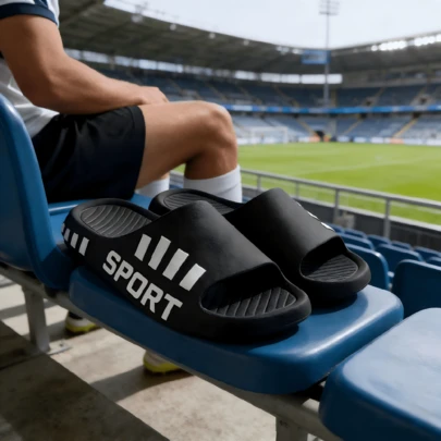 春夏休闲百搭印花字母黑色新款拖鞋，舒适男士主打球类运动训练休闲拖鞋，推荐穿着，沙滩拖鞋