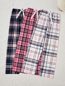 [Plaid Print Pajama Pants] 3-Pack Plaid Print Pajama Pants - Comfortable Elastic Waistband With Drawstring, Casual Long Lounge Pants For Home Relaxation - 混合色 - 查看 1