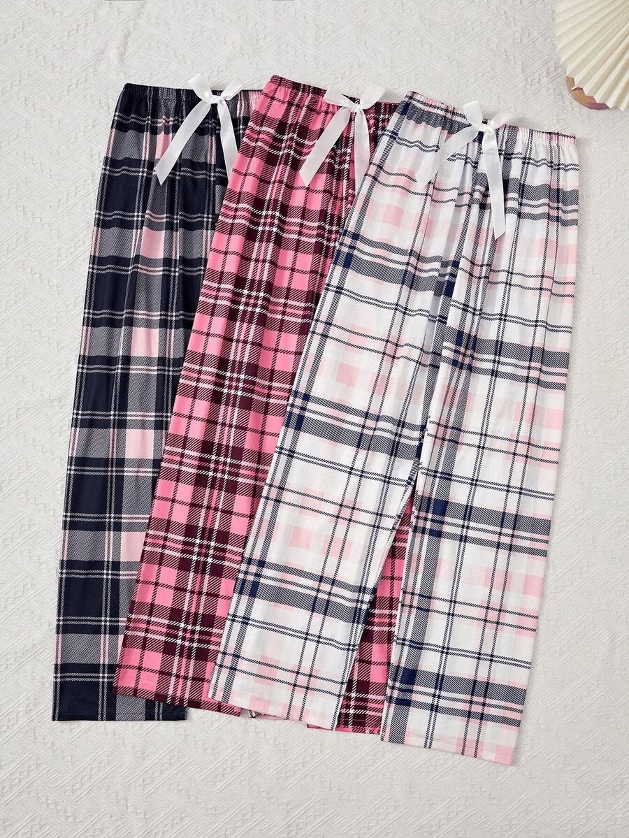 [Plaid Print Pajama Pants] 3-Pack Plaid Print Pajama Pants - Comfortable Elastic Waistband With Drawstring, Casual Long Lounge Pants For Home Relaxation - 混合色 - 查看 1