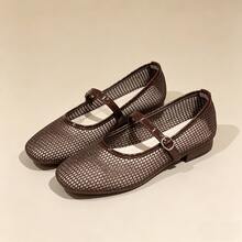Women's Mesh Ballet Flats, Square-Toe Perforated Flats,Breathable Casual Square Toe Sandals, Fashion Comfort Soft Bottom Flat Shoes - 咖啡棕 - 查看 3