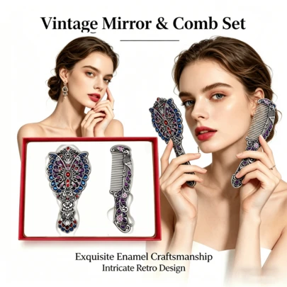 2 piezas Espejo de mano y juego de peine con diseño vintage de pavo real y mariposa, espejo de maquillaje retro hueco y tallado exquisito con esmalte y peine para el cabello, kit de aseo lujoso y portátil con caja de regalo, accesorios de belleza elegantes, regalo perfecto para mujeres, mamá, novia y esposa, ideal para cumpleaños, días festivos, San Valentín, aniversario, uso diario en el hogar, viajes y oficina