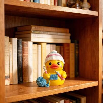 1pc Cute Knitting Duck Figurine, Kawaii Yellow Duck With Knit Beanie & Yarn Ball, Resin Desk Ornament, Bookshelf Decor For Home & Office, Perfect Gift For Crochet & Knitting Lovers