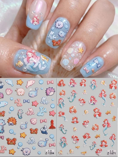 2pcs 5D Embossed Mermaid & Ocean Creatures Nail Art Stickers - Iridescent Dolphin & Jellyfish Nail Decals - For Summer Beach, Island Vacation, Music Festival, Party DIY Fantasy Nail Art Decorations