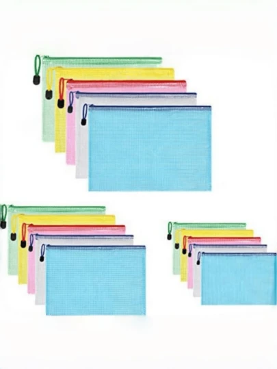 Vicloon A3+A4+A5 Size 3pcs Set (1pc Each Size), 6pcs Set (2pcs Each Size), 15pcs Set (5pcs Each Size) Zipper Pouches, Mesh Plastic Zipper Bags Suitable For Documents, Papers, Files, Cosmetics, Stationery And Travel Accessories