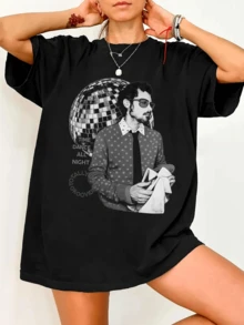 H-HarryS S-StylesS Retro Disco Graphic T-Shirt, 70s Music Vibe, Casual Style - Black - View 1