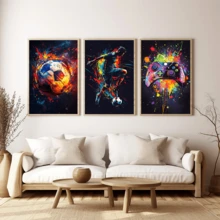 3 Stücke Fußball und Spielcontroller Leinwand Wandkunst Set, Graffiti Stil Sportdruck, Hochformat, wasserfestes Leinwandmaterial, fertig zum Aufhängen, geeignet für Teenager und Gamer Zimmer Dekoration, optional gerahmte Wandkunst - A - Übersicht 2