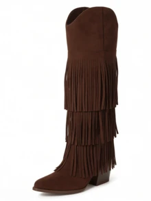 Women's Western Boots Vintage Fringe Cowboy Boots Pointed Toe Block Heel  Side Zipper Mid Calf Boots Country Concert Boots For Women - 棕色 - 查看 2