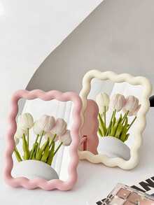 Espejo de mesa con patrón ondulado de 6.7*5.3 pulgadas, espejo de maquillaje portátil para viajes, espejo de belleza de una sola cara montable en la pared-Con funcionalidad dual como espejo independiente y montado en la pared, es el regalo perfecto para Navidad y el Día de San Valentín. - Multicolor - Ver 6