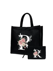 Women's Printed White Letter A-Z Tote Bag, Large Capacity Shoulder Bag, Foldable Durable Shopping Bag, Portable Handbag, Travel Cosmetic Bag, Coin Purse, Suitable For Vacation, Party, Shopping, Work Commute, Birthday, Mother's Day, Wedding, Spring/Summer - Multicolor - View 38